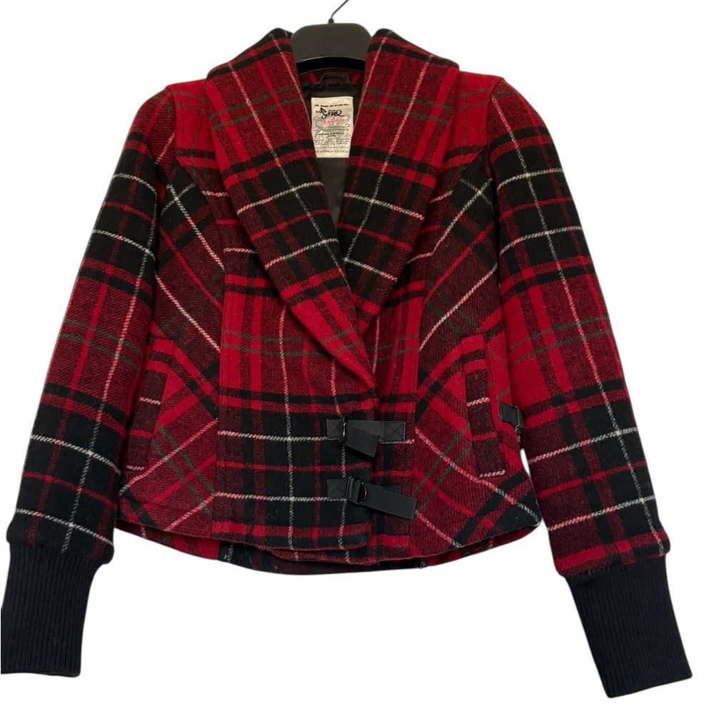 Triple Five Soul Red and Black Plaid Cropped Coat